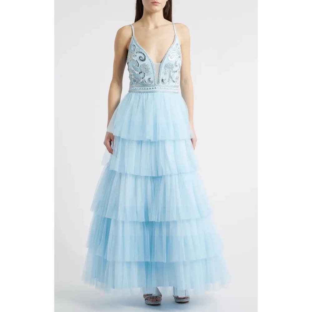 Jump‎ Apparel Junior's 7 Prom Long Beaded Ruffle Formal Dress